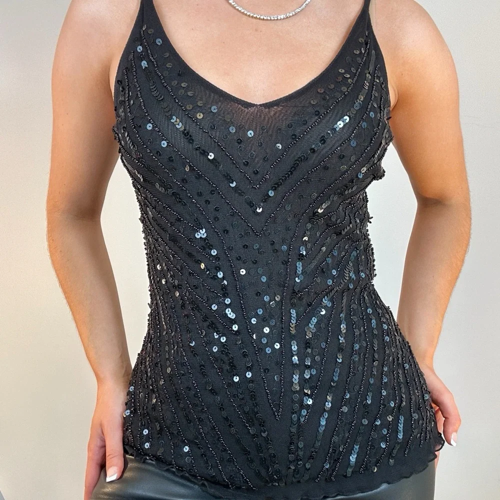 Vintage Wet Seal Y2K Black Sequin Beaded V-neck Tank Top Cami - Picture 9 of 9